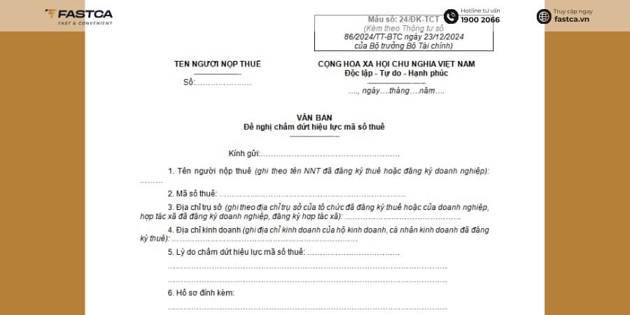 Mẫu 24/ĐK-TCT: Văn bản đề nghị chấm dứt hiệu lực mã số thuế chuẩn nhất